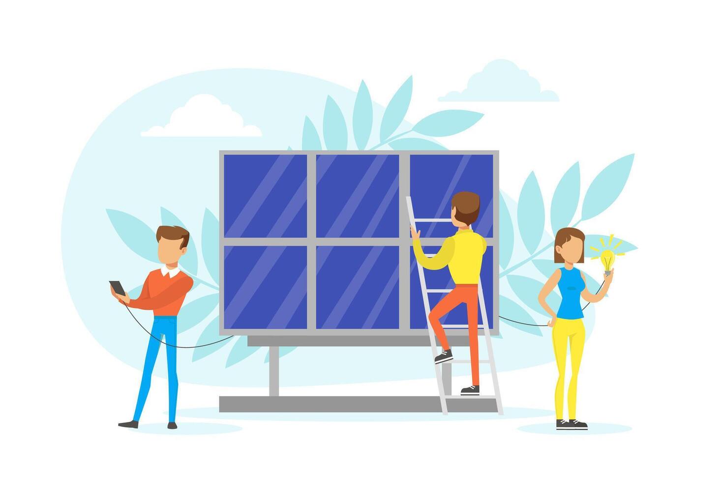 People Taking Care about Ecology and Using Alternative Source of Energy, Environment Protection Concept Flat Illustration vector