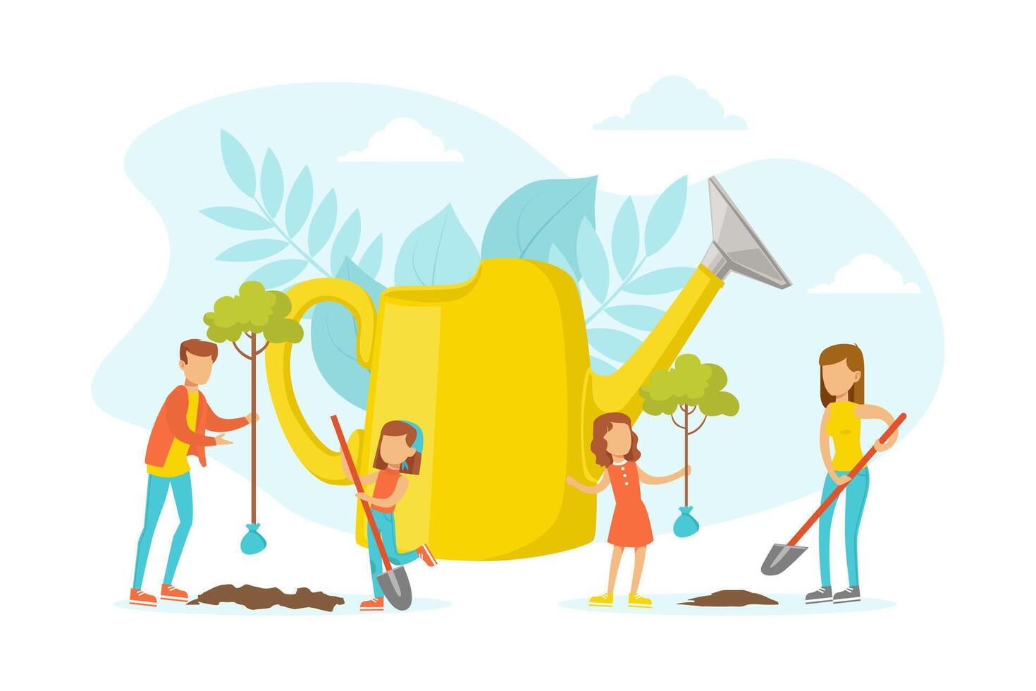 People Taking Care about Planet Ecology, Tiny Characters Planting Trees, Ecology and Environment Protection Concept Flat Illustration vector