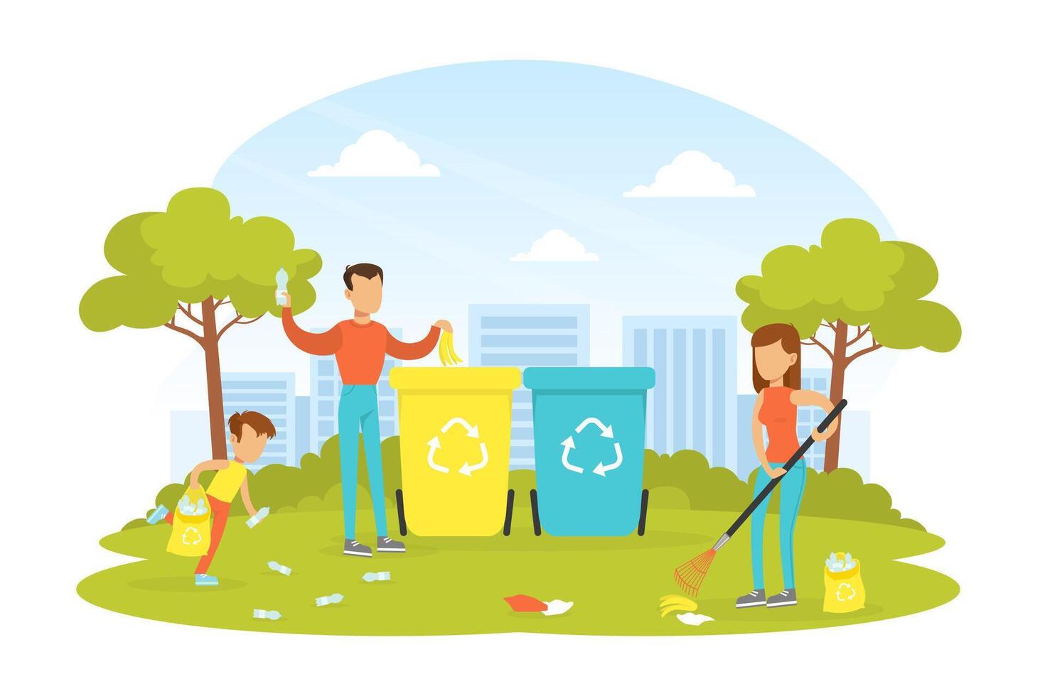 People Taking Care about Ecology, Family Collecting and Putting Rubbish into Trash Bins, Ecology and Environment Protection Concept Flat Illustration vector