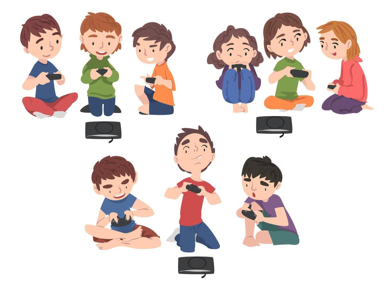 Boys and Girls Playing Games Set, Children Having Fun with Computer Gaming with Joysticks Cartoon Style Illustration vector