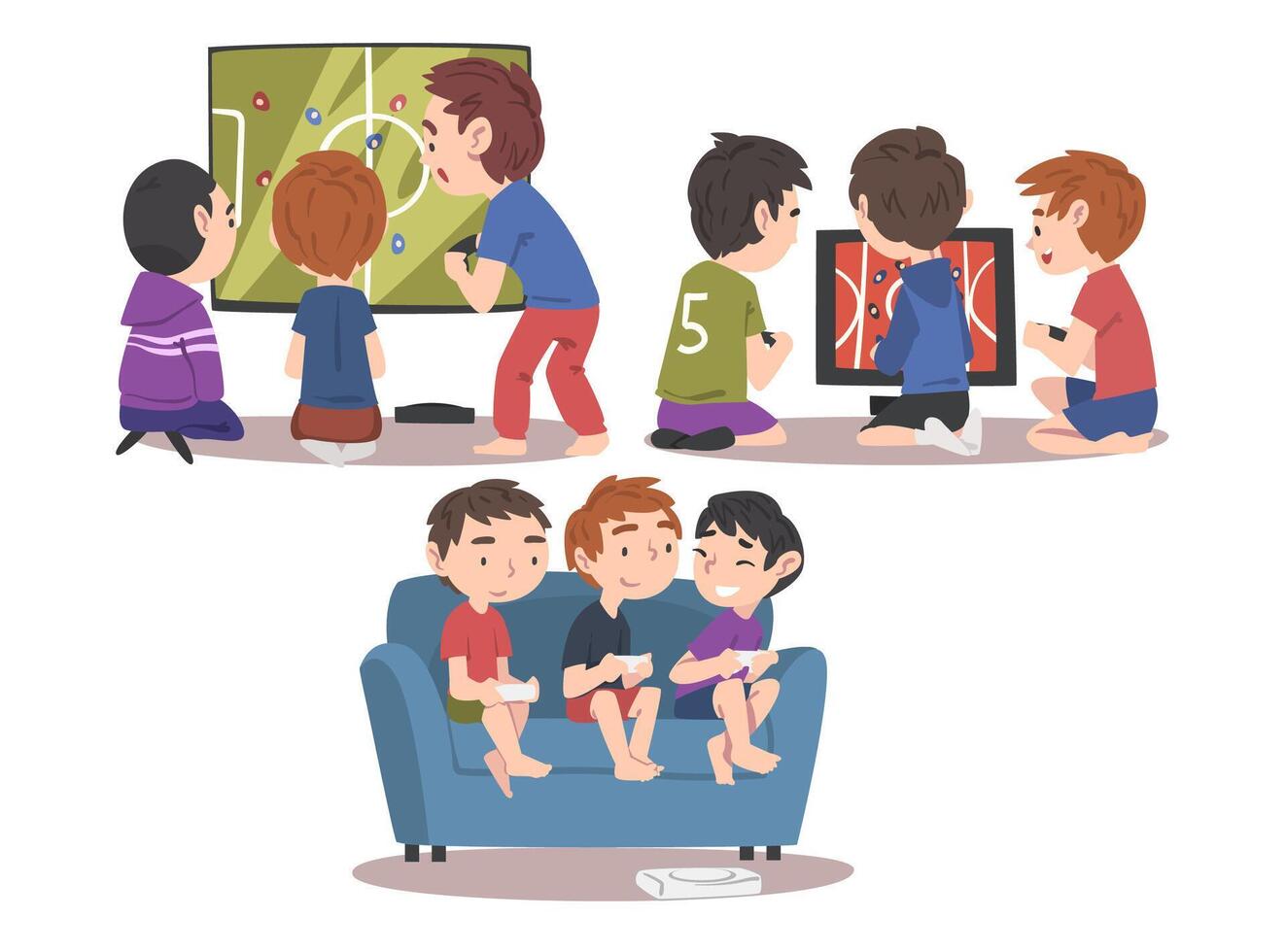 Boys Playing Game Together Set, Friends Having Fun with Computer Gaming Cartoon Style Illustration vector
