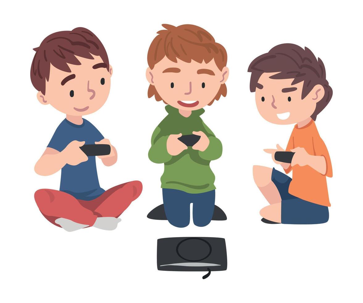 Cute Boys Sitting on Floor Playing Game, Friends Having Fun Together with Computer Gaming Cartoon Style Illustration vector
