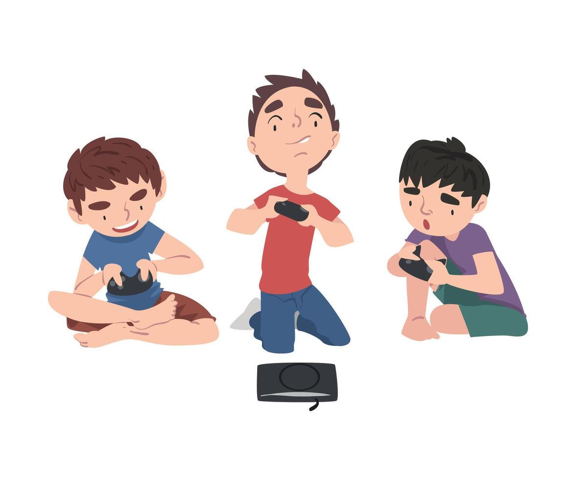 Cute Boys Sitting on Floor Playing Game, Children Having Fun Together with Computer Gaming Cartoon Style Illustration vector