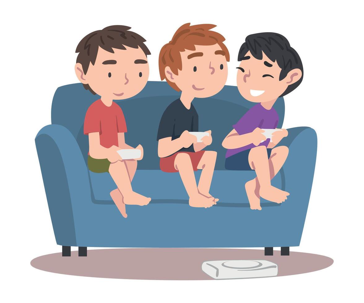 Boys Sitting on Sofa Playing Game, Children Having Fun Together with Computer Gaming Cartoon Style Illustration vector