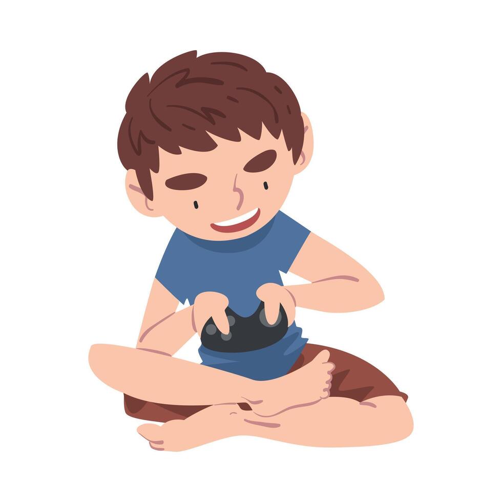 Excited Boy Playing Games on the Console, Teenage Kid Holding Controller Cartoon Style Illustration vector
