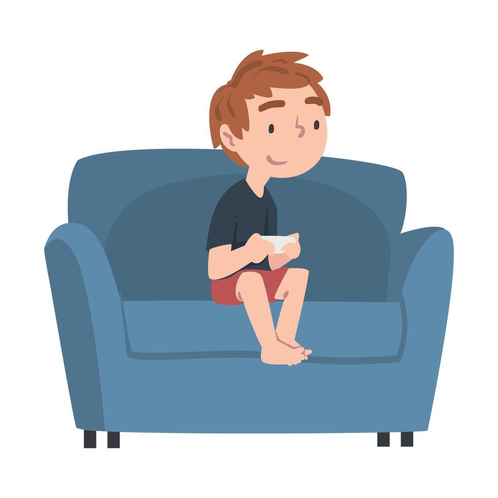 Cute Boy Sitting on Armchair with Joystick, Teenage Kid Playing Computer Game Cartoon Style Illustration Isolated on White Background vector