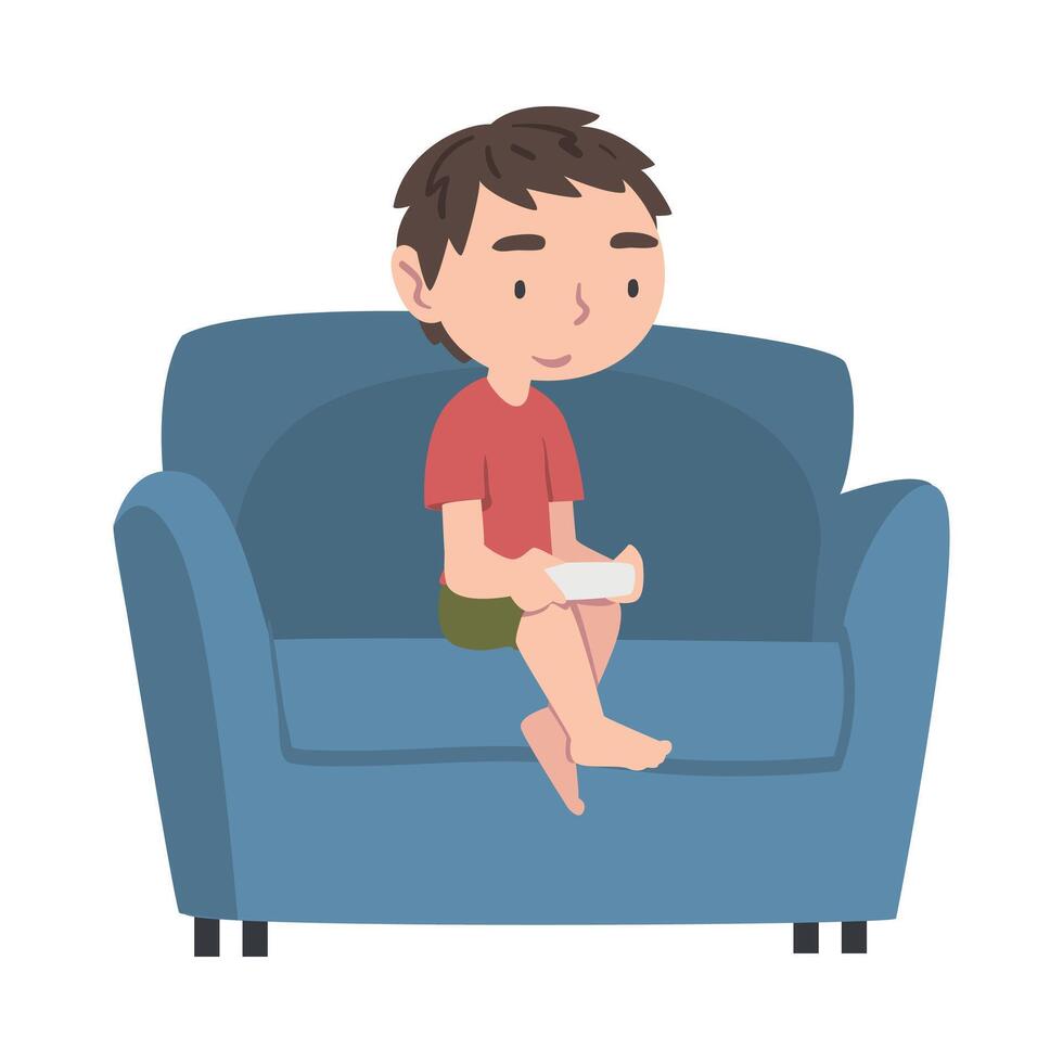 Boy Sitting on Armchair with Joystick, Kid Playing Computer Game Cartoon Style Illustration vector