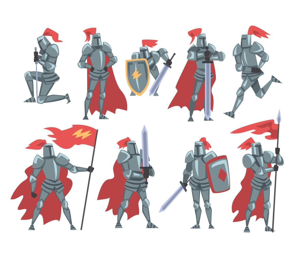 Medieval Knights Set, Chivalry Warrior Characters in Full Metal Body Armor with Weapon Cartoon Style Illustration vector