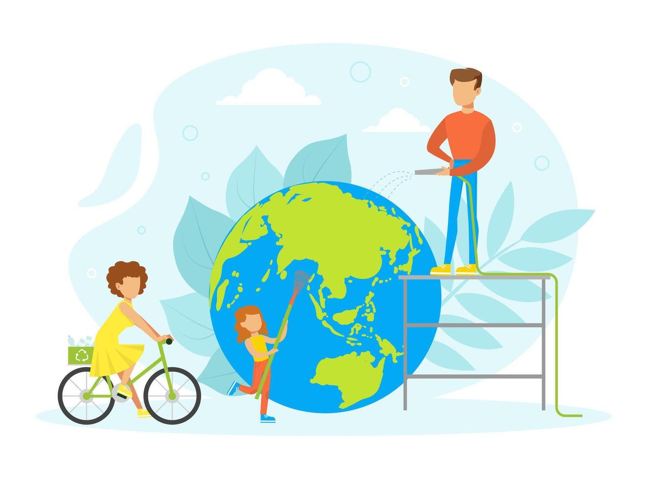 People Taking Care about Planet Ecology, Tiny Characters Cleaning and Using Eco Friendly Transport, Ecology and Environment Protection Concept Flat Illustration vector