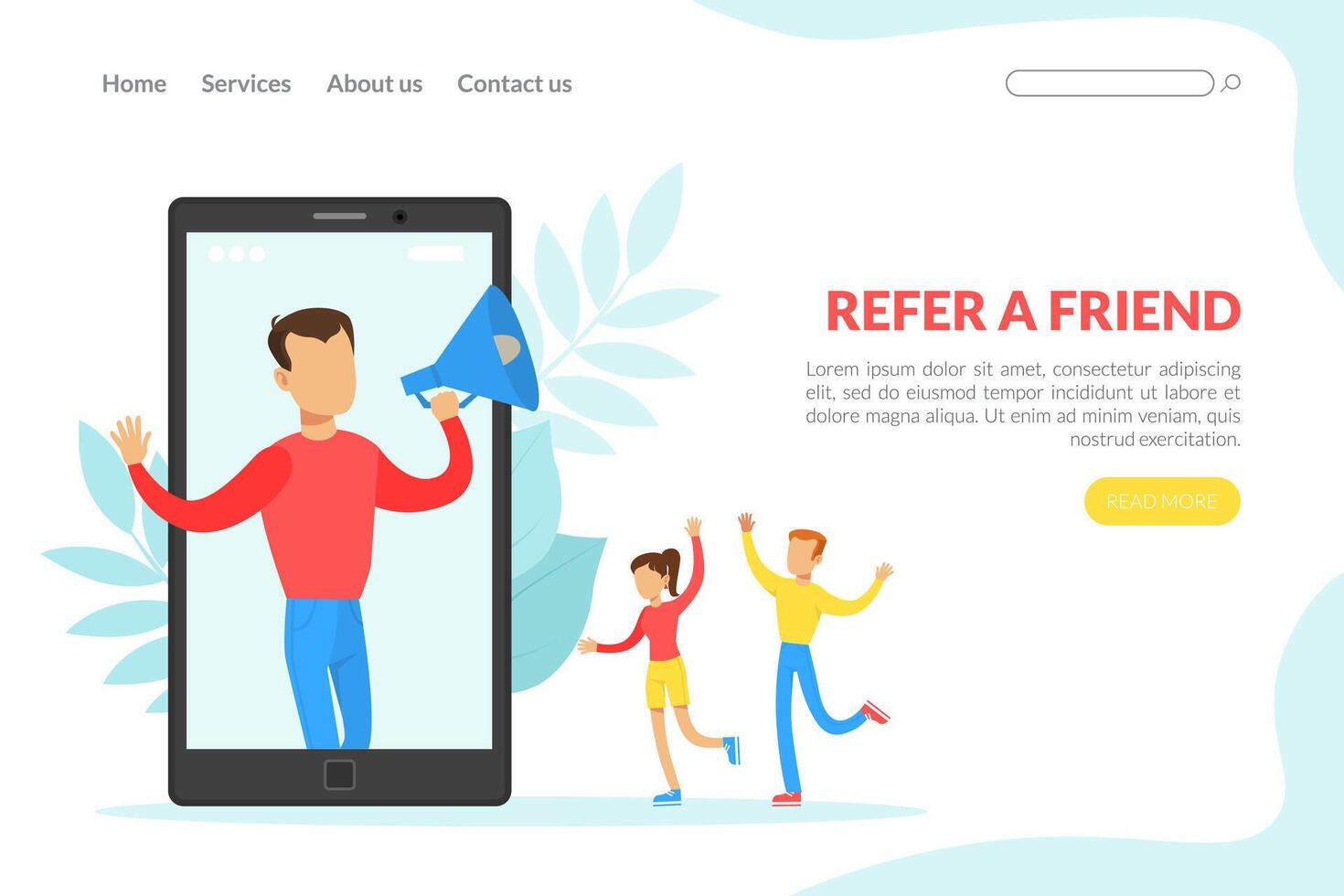 Refer a Friend Landing Page Template, Man Shouting on Megaphone, Social Media Marketing Concept Flat Illustration vector