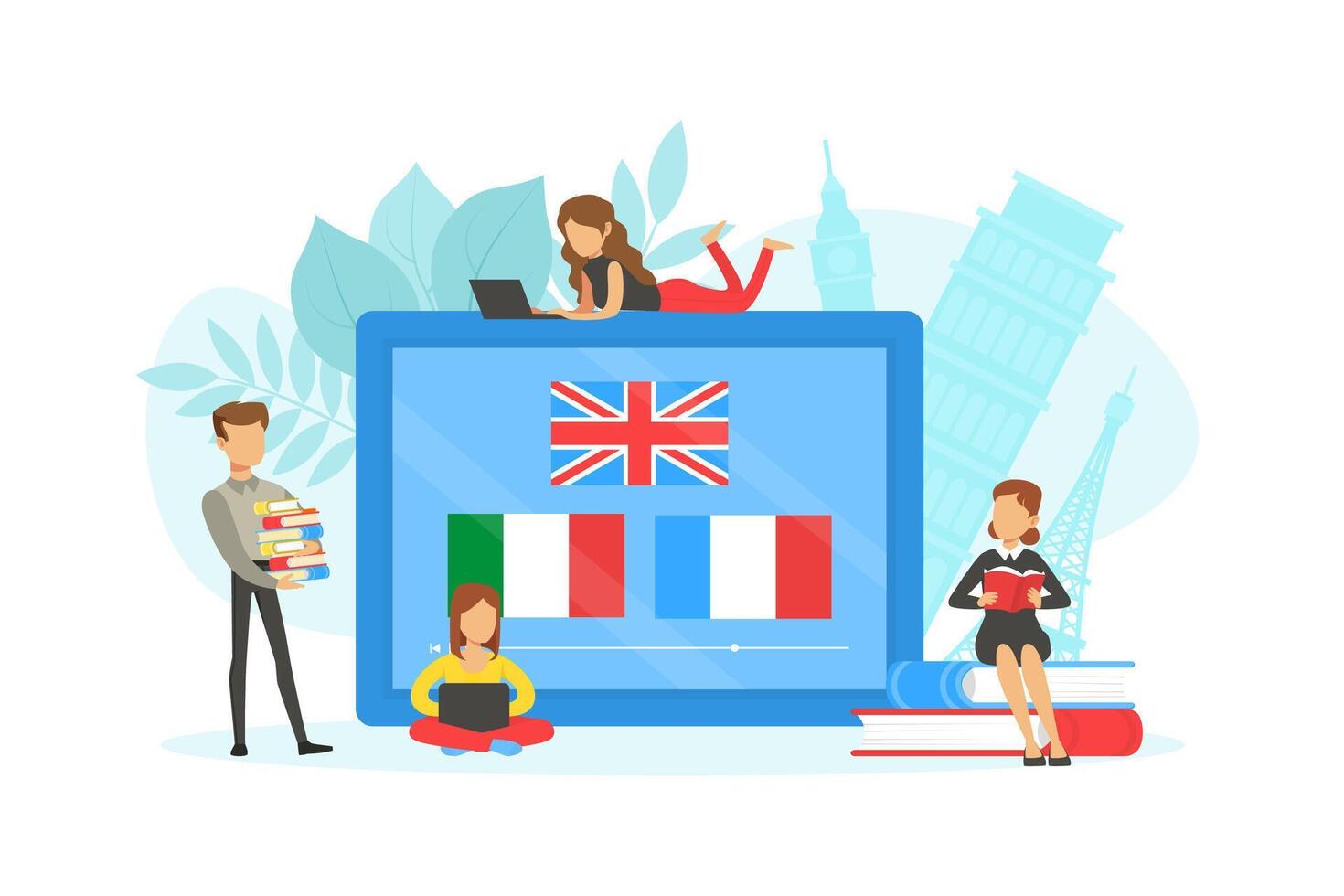 Tiny People Learning Language over Internet, Online Language School Flat Illustration vector