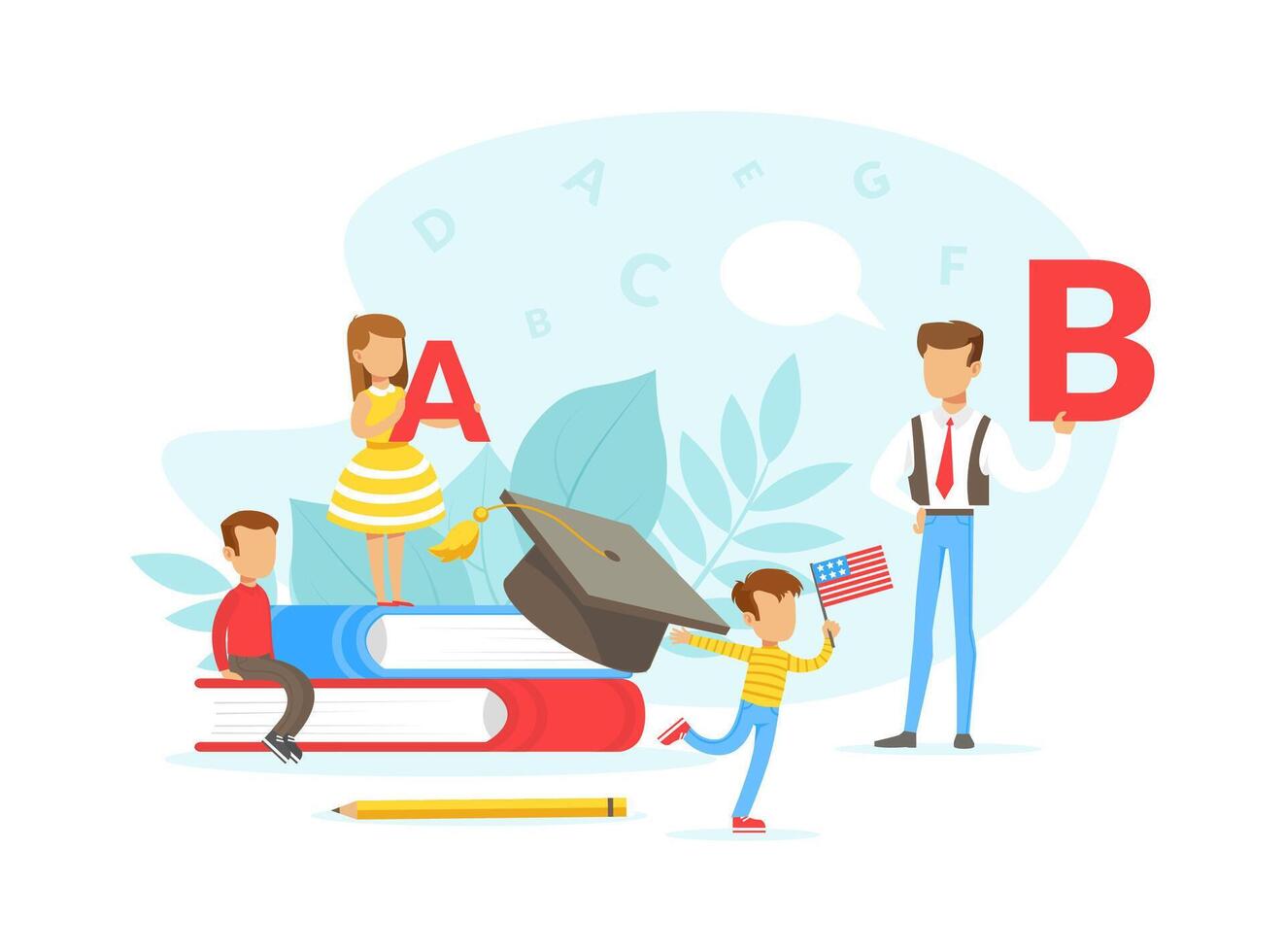 Tiny People Learning Foreign Language, Teacher Teaching Primary School Kids, Language School Flat Illustration vector