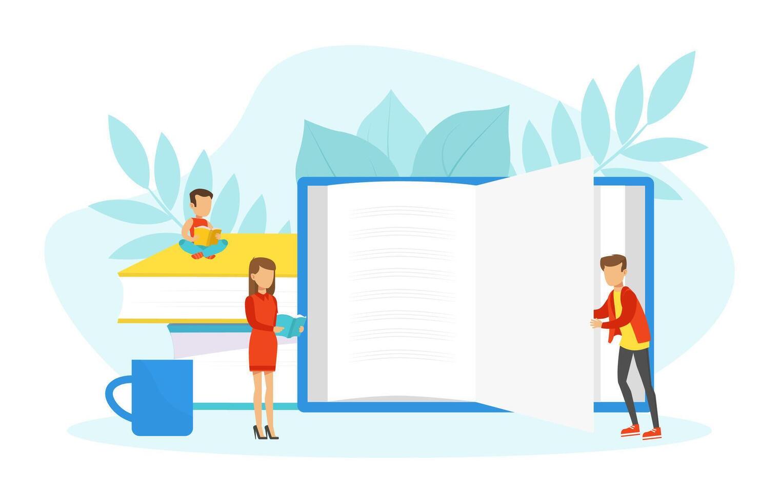 Tiny People Reading Huge Book, Library, Education, Knowledge, Studying and Literature Concept Cartoon Illustration vector