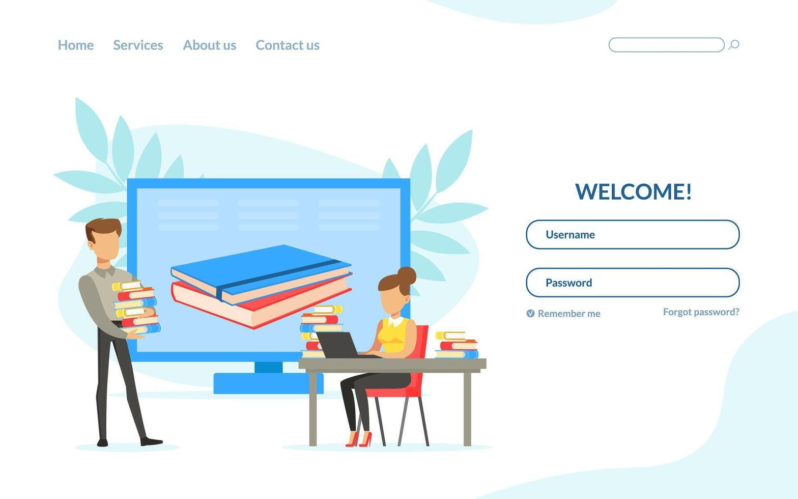 Library Web Page Template, Button Fields for Username and Password, Online Education Concept Cartoon Illustration vector