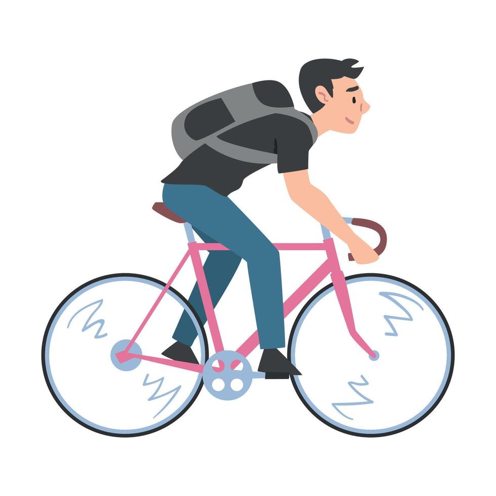 Young Man Riding Bicycles, Side View of Guy in with Backpack on Bike, Active Healthy Lifestyle Concept Cartoon Style Illustration vector
