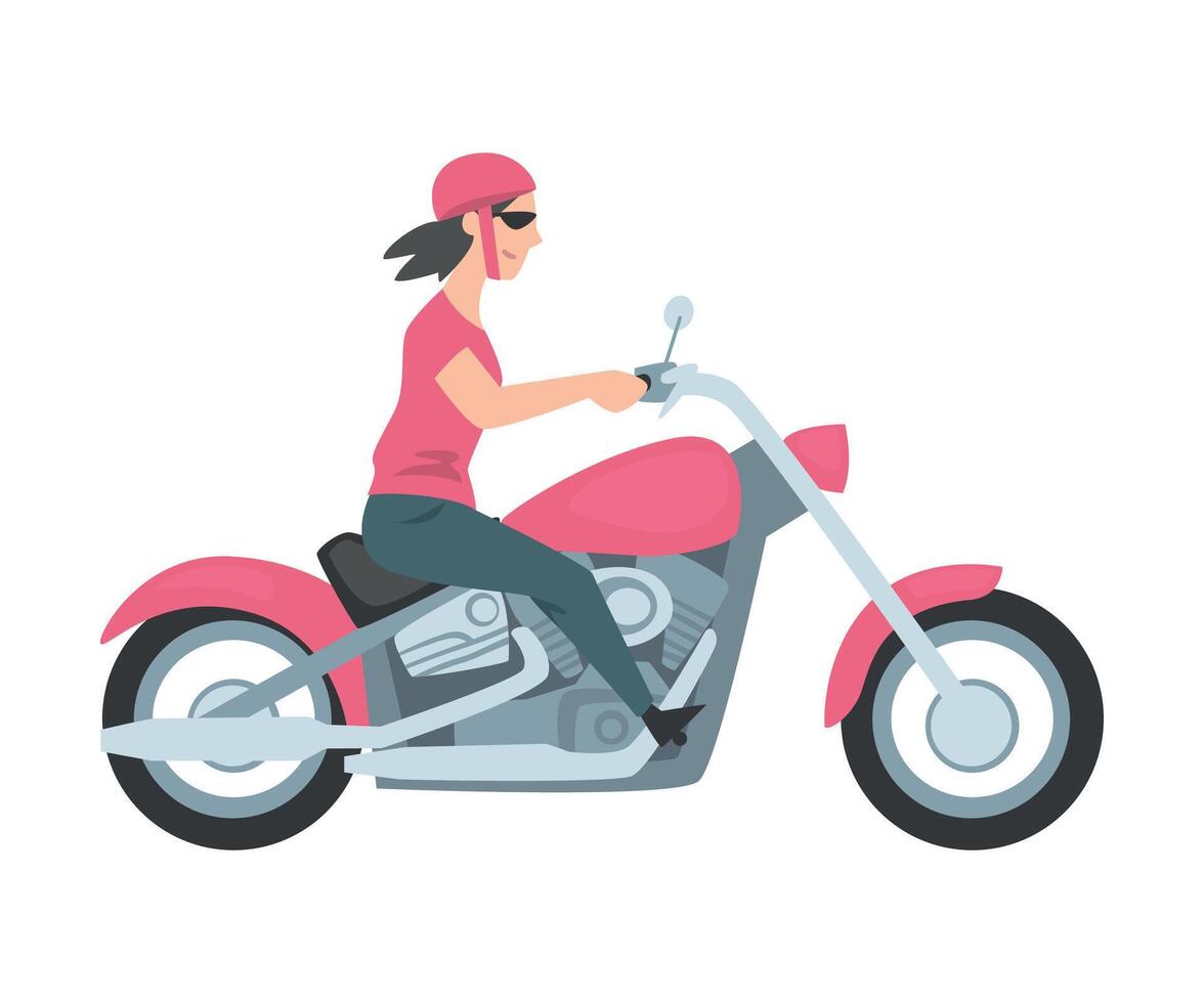 Young Woman Riding Motorcycle, Side View of Girl Biker Character in Helmet Driving Chopper Cartoon Style Illustration vector