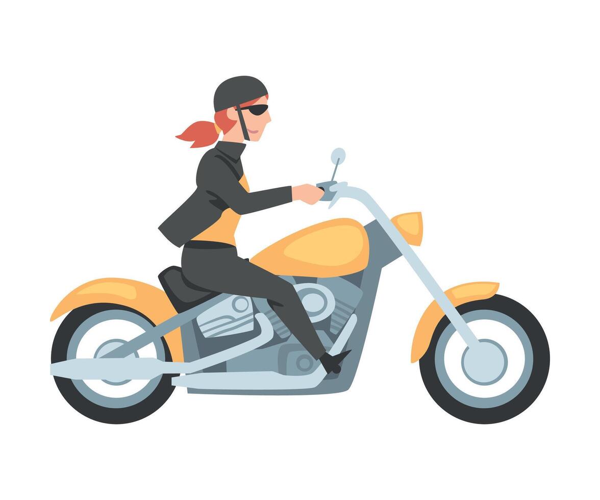 Young Woman Riding Motorcycle, Side View of Girl Biker Character in Helmet Driving Yellow Motorbike Cartoon Style Illustration vector
