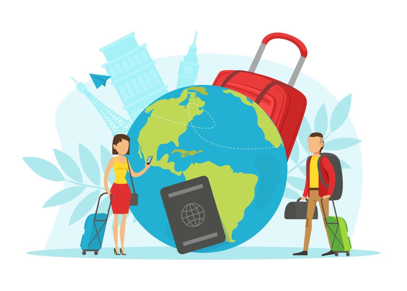 People Travelling Around the World. Tiny Characters with Luggage Going on Vacation Flat Illustration vector