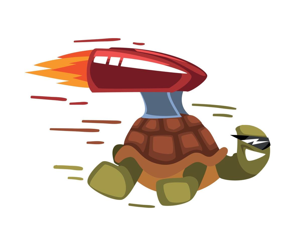 Fast Turtle, Funny Animal Cartoon Character with Turbo Speed Booster and Fire Illustration on White Background. vector