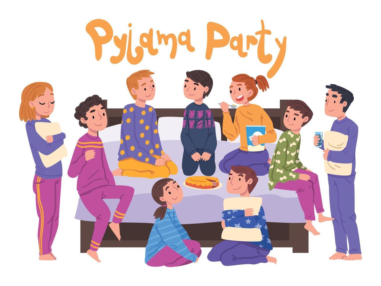 Friends Having Fun on Pajama Party, Cute Children Sitting on Bed Wearing Pajamas Cartoon Style Illustration vector