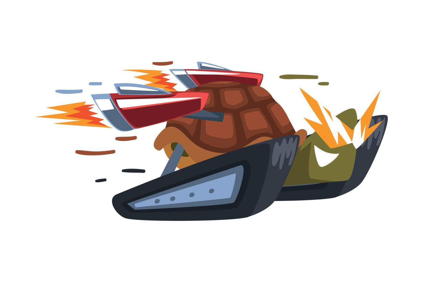 Fast Turtle, Cyborg Animal Cartoon Character with Turbo Speed Booster and Fire Illustration on White Background vector