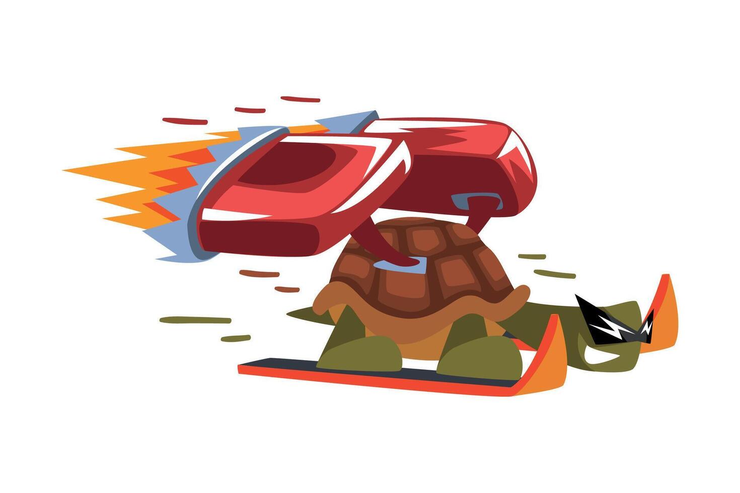 Fast Turtle Skiing, Funny Animal Cartoon Character with Turbo Speed Booster and Fire Illustration on White Background vector