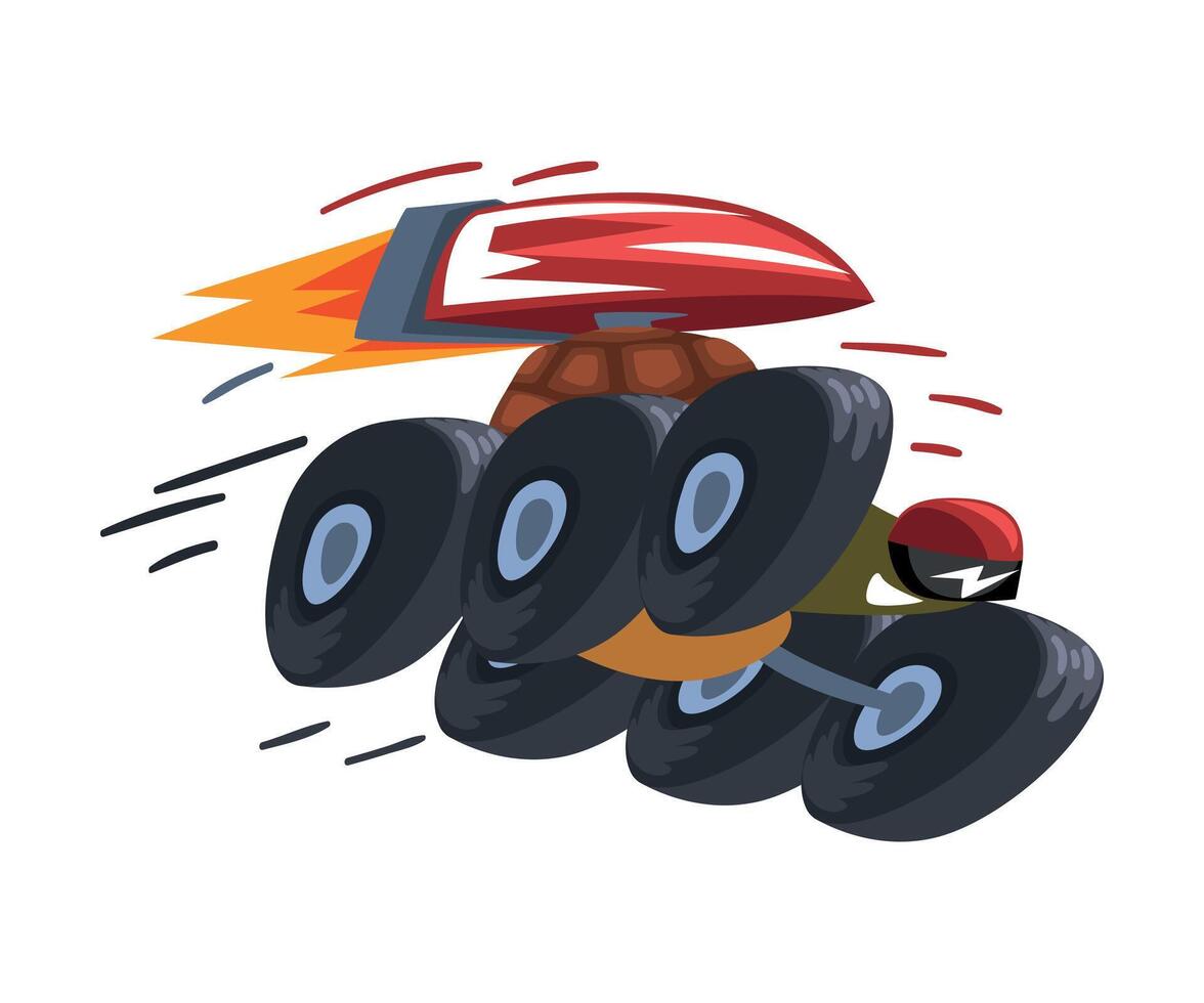 Fast Turtle on Wheels, Tortoise Animal Cartoon Character with Jetpack Illustration on White Background. vector