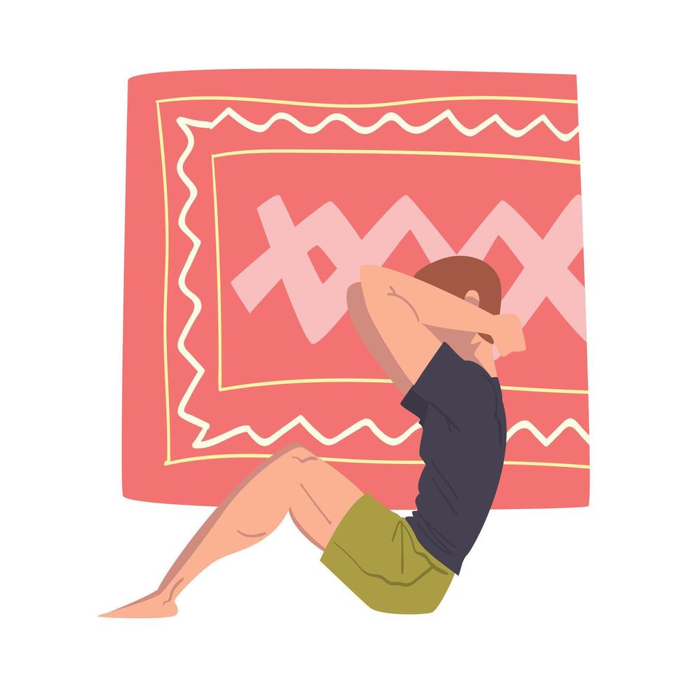 Young Man Doing Doing Sit up at Home, Physical Activity and Healthy Lifestyle Concept, Stay Home, Keep Fit and Positive Cartoon Style Illustration vector