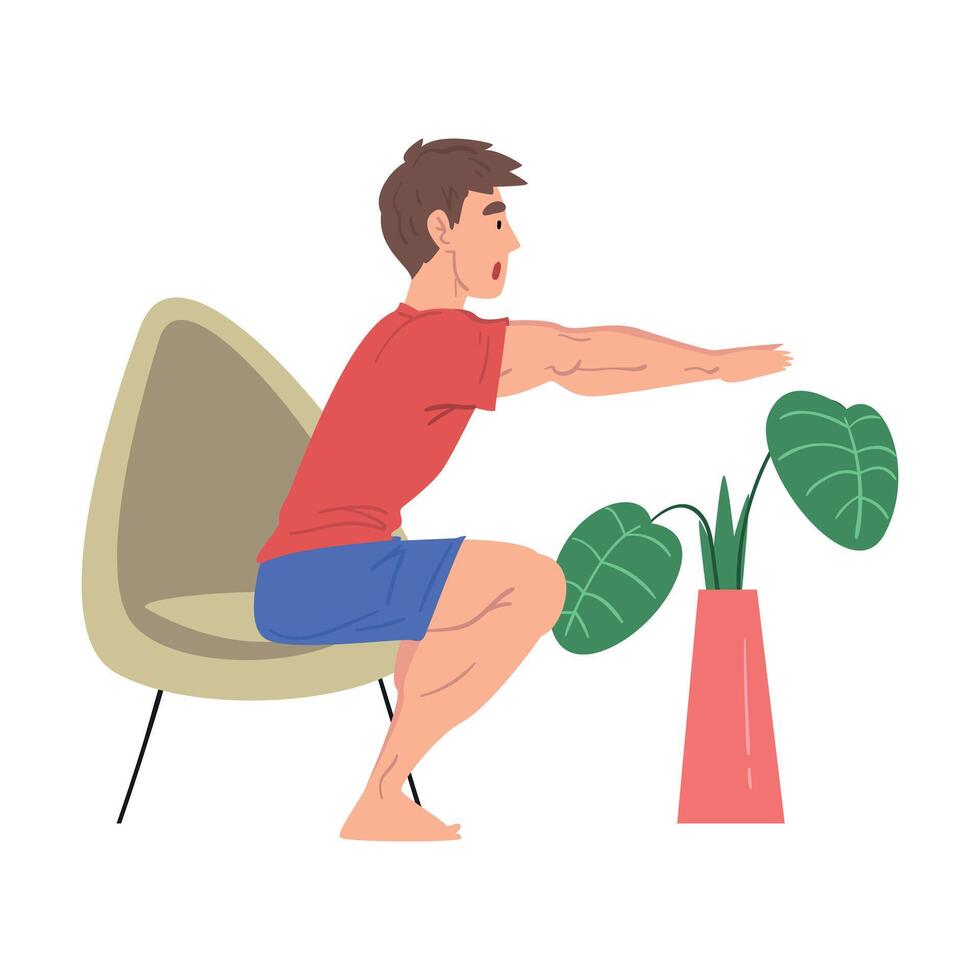Man Doing Morning Workout at Home, Physical Activity and Healthy Lifestyle Concept, Stay Home, Keep Fit and Positive Cartoon Style Illustration vector