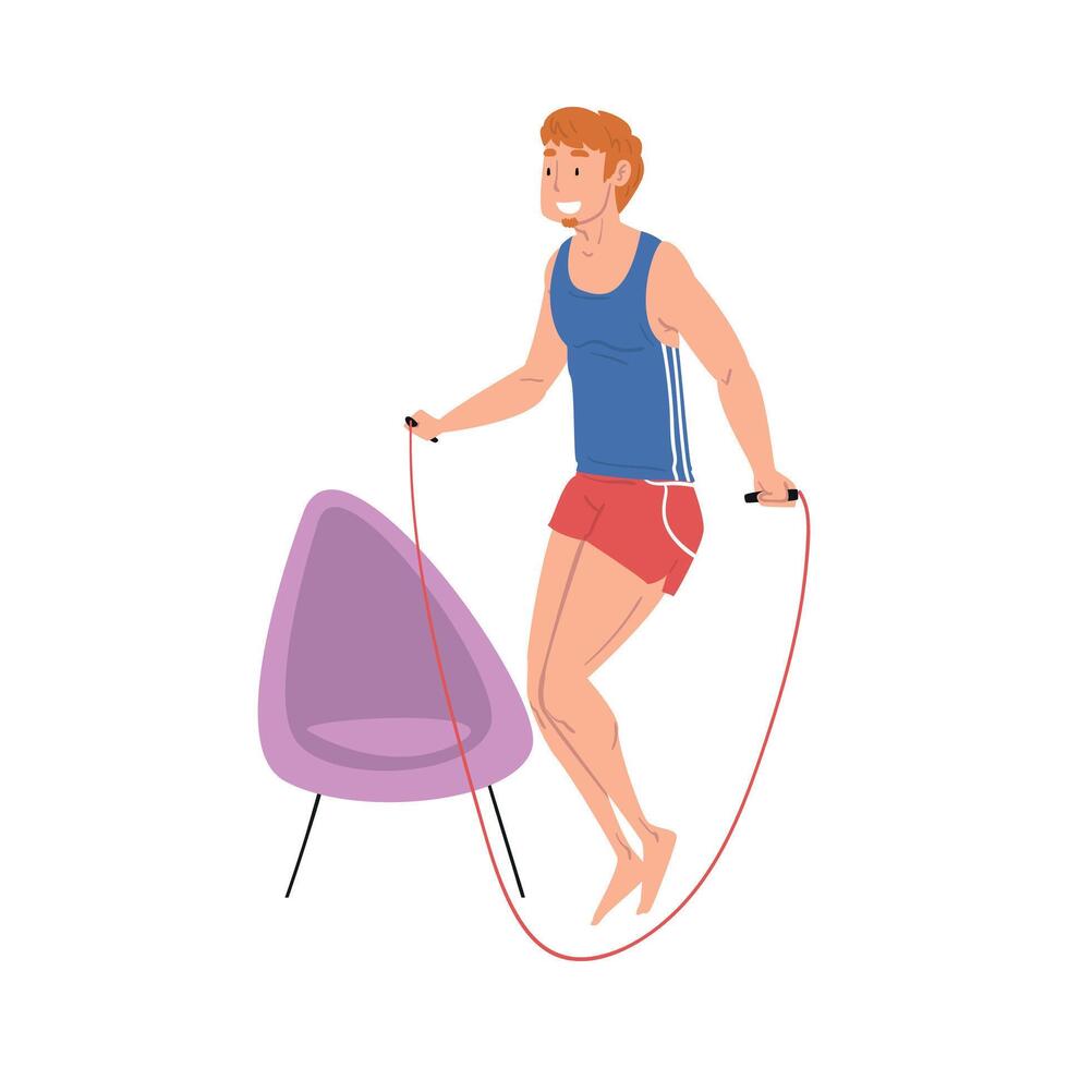 Young Man Jumping with Skipping Rope Home, Physical Activity and Healthy Lifestyle Concept, Stay Home, Keep Fit and Positive Cartoon Style Illustration vector