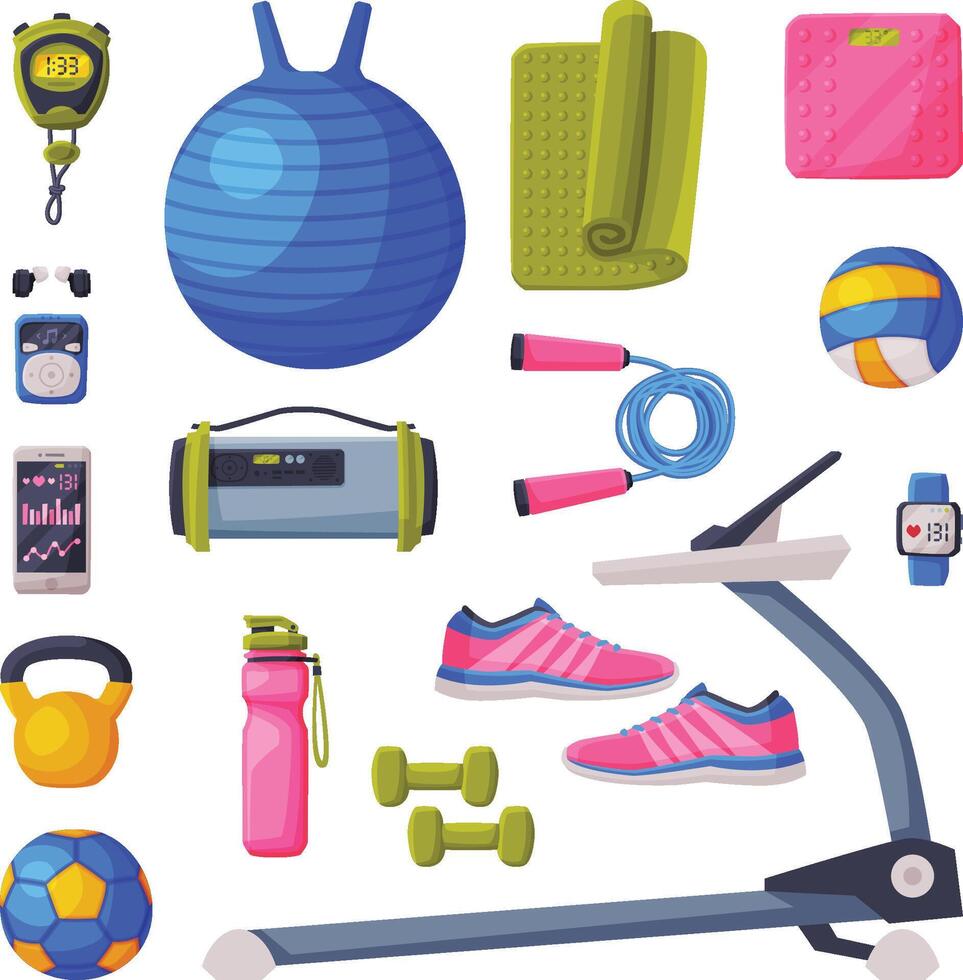 Various Sport Equipment and Accessories Set, Fitness and Yoga Objects Illustration on White Background vector
