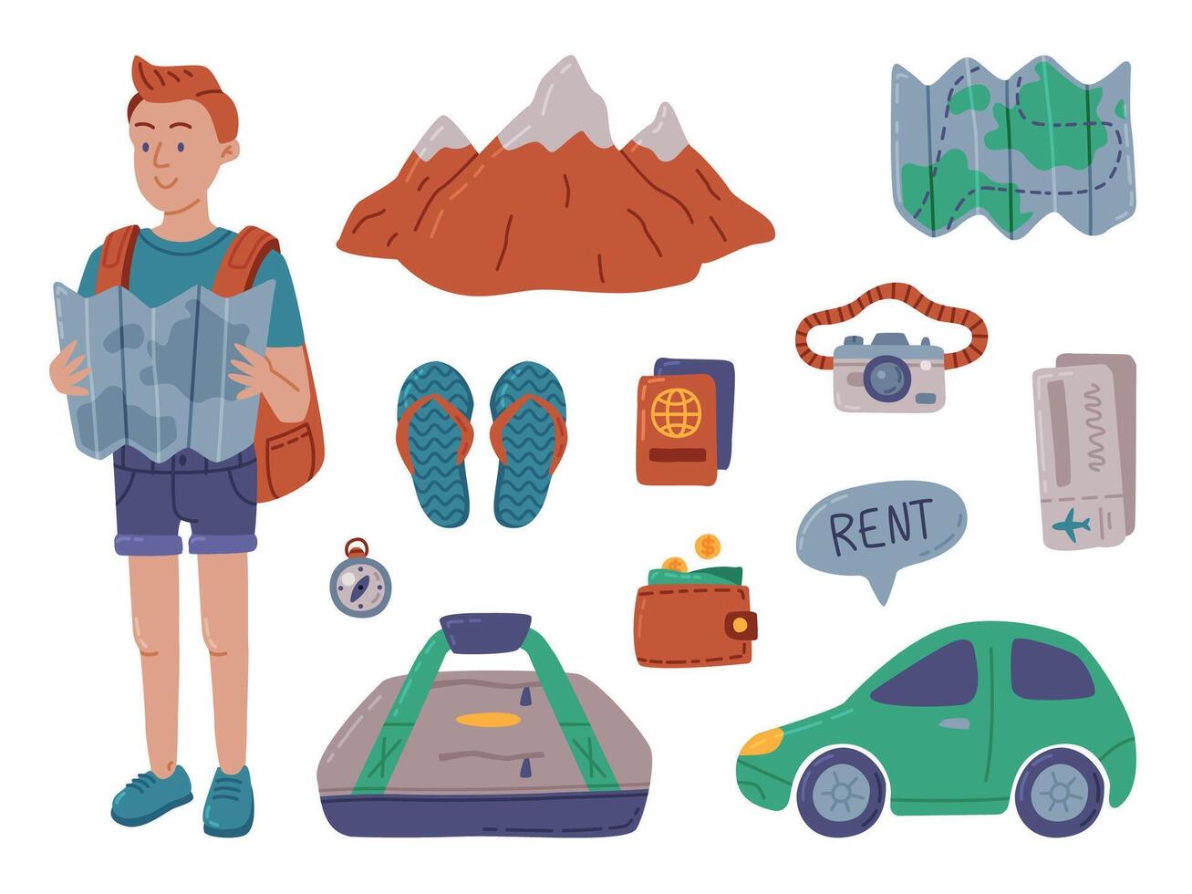 Summer Vacation Objects Set, Man Traveler with Accessories, Summer Beach Holidays, Hiking, Tourism Concept Cartoon Style Illustration vector