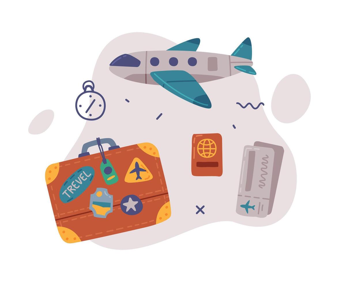 Travel or Vacation Objects Set, Retro Leather Suitcase, Passenger Airplane and Passport, Journey on Holidays, Adventure, Tourism Cartoon Style Illustration vector