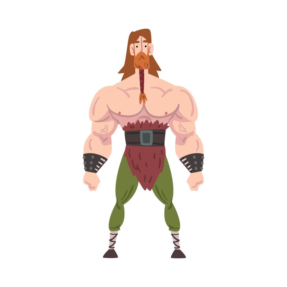 Viking Warrior, Strong Muscular Scandinavian Mythology Character in Traditional Outfit Cartoon Style Illustration vector