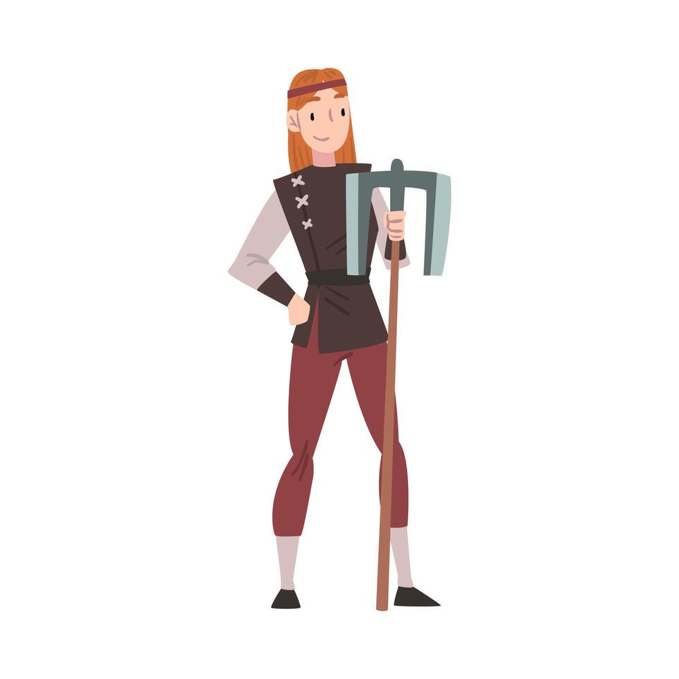 Girl Viking with Battle Axe, Medieval Female Warrior, Scandinavian Mythology Character in Traditional Outfit Cartoon Style Illustration vector