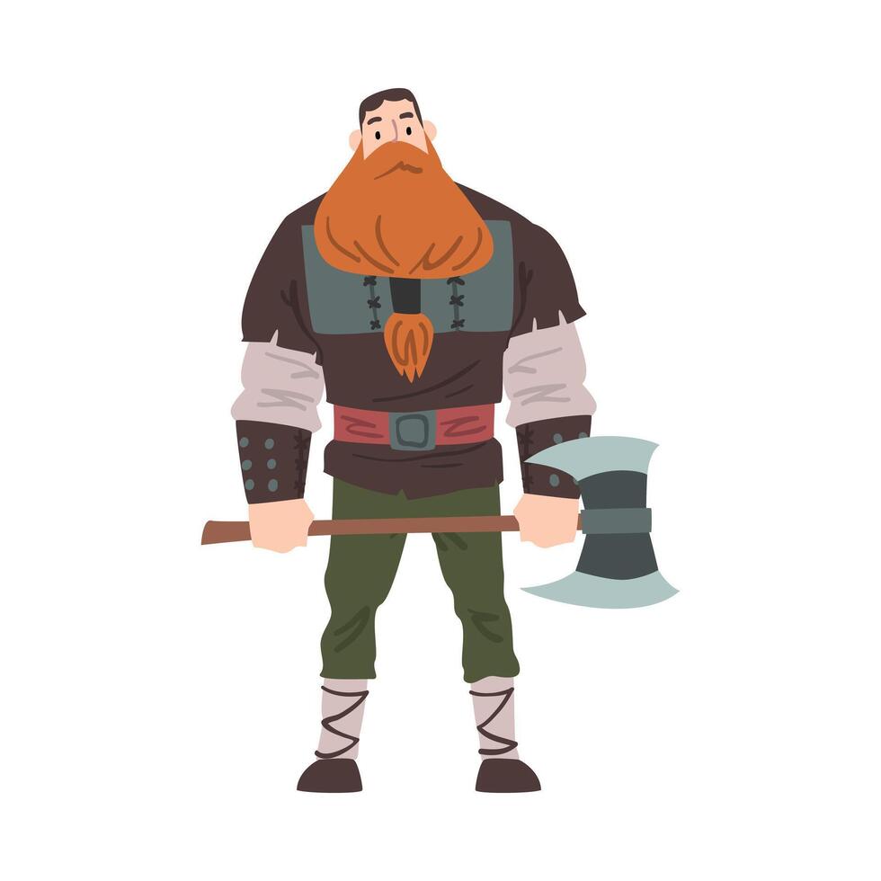 Viking Warrior with Axe, Red Scandinavian Mythology Character in Traditional Outfit Cartoon Style Illustrationr vector