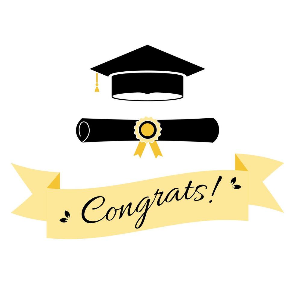 Congrats greeting text with academic cap and diploma. Congrats Graduated. Graduation design, card, poster. Class of 2025. illustration. vector