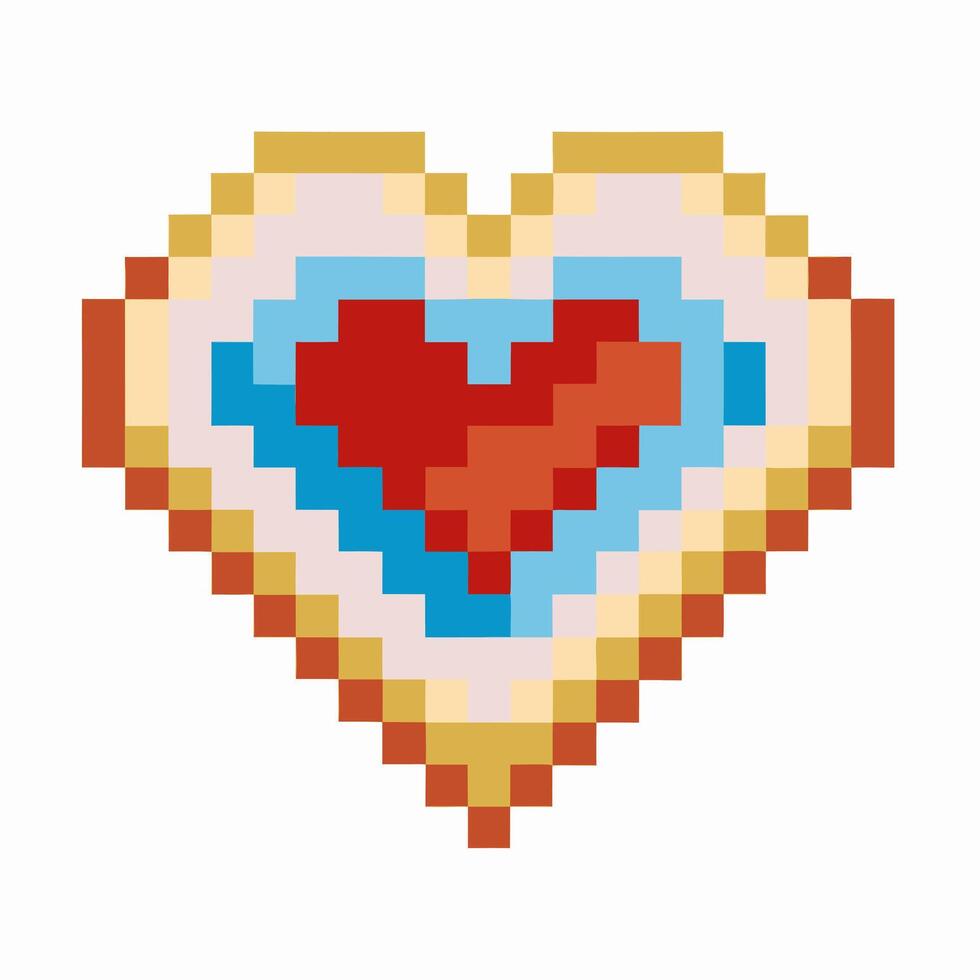 Pixelated heart icon with retro pixel art design in red, blue, and gold colors vector