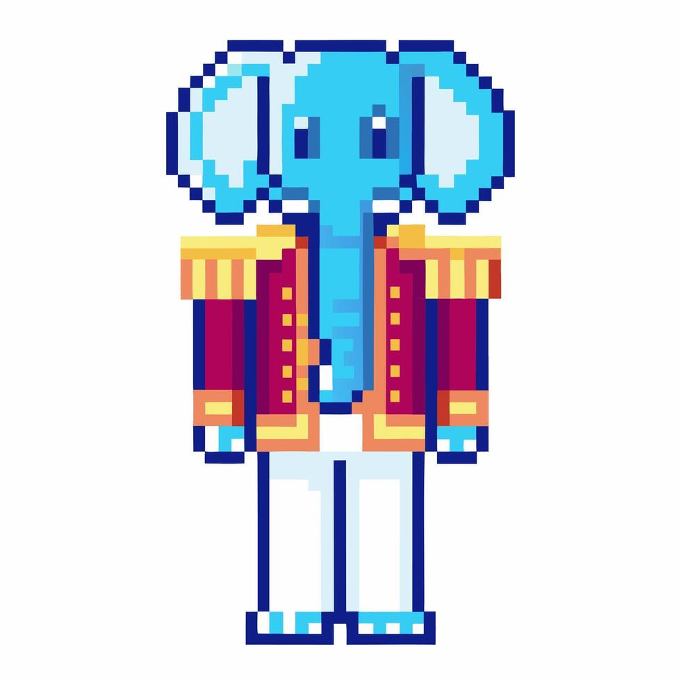 Pixel art elephant character in royal attire, vibrant colors retro game style, blue and gold uniform, unique design vector