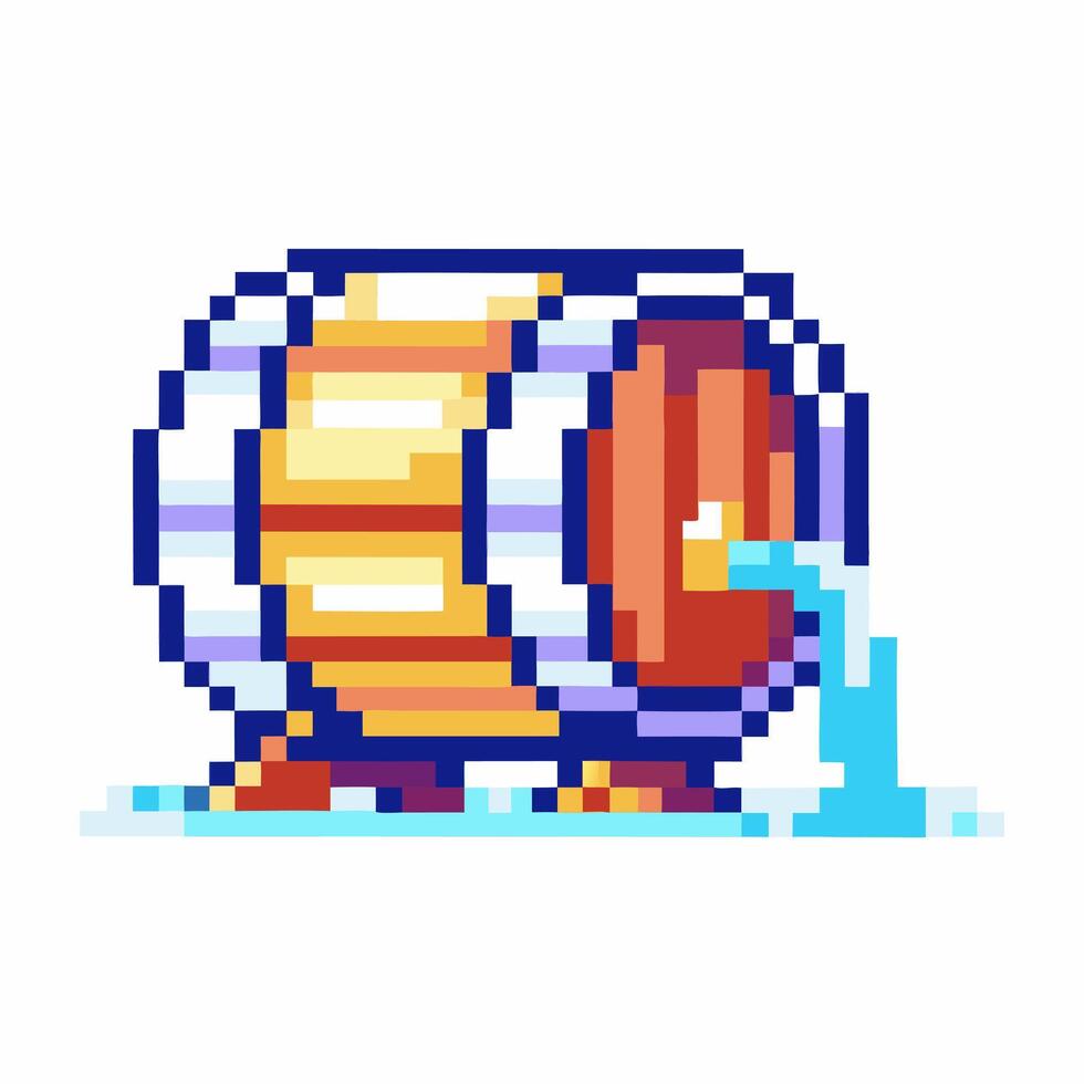 water leaking from pixelated wooden barrel, retro 8 bit art vintage gaming icon, liquid overflow concept vector