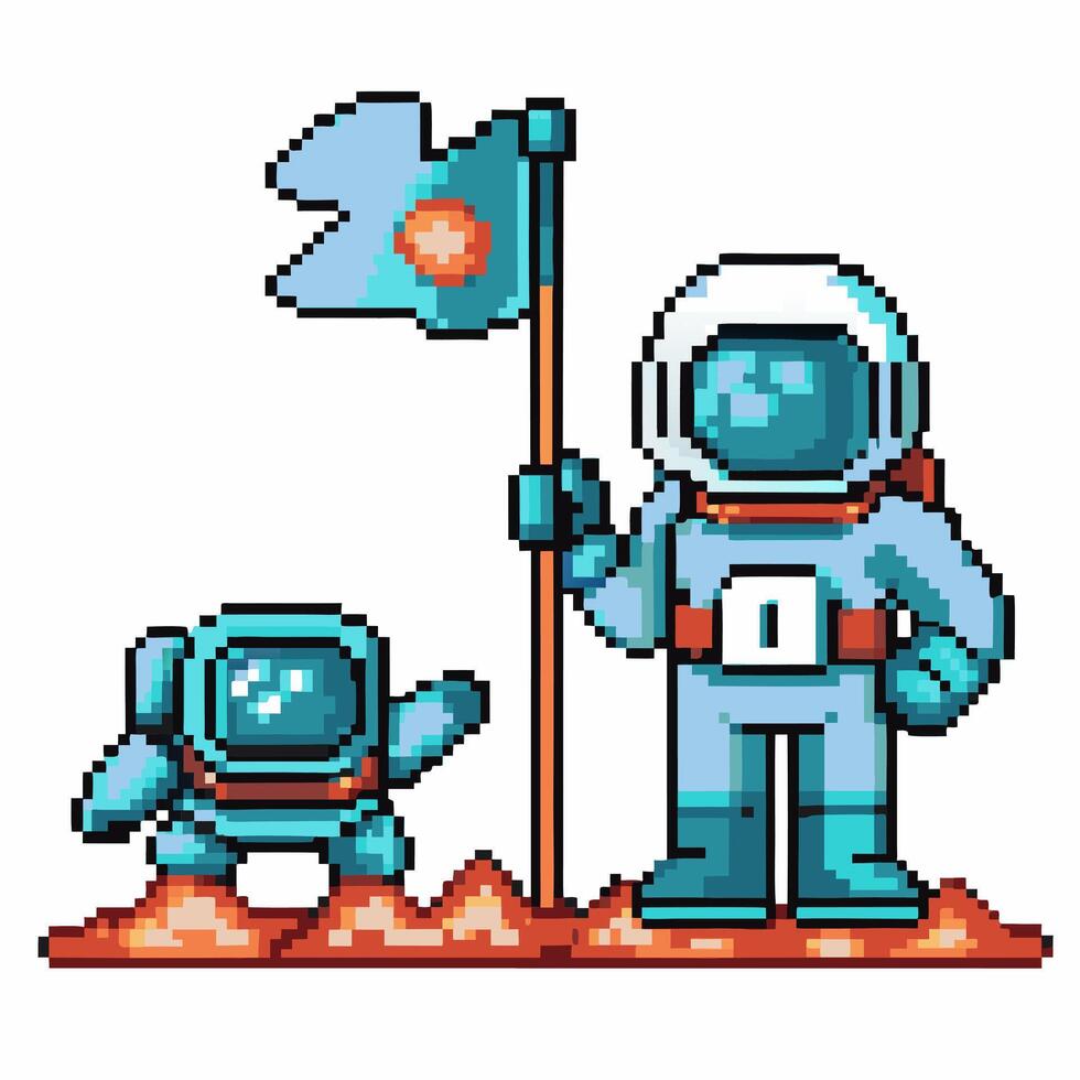 Retro pixel art astronauts on mars surface raising flag, space adventure vector