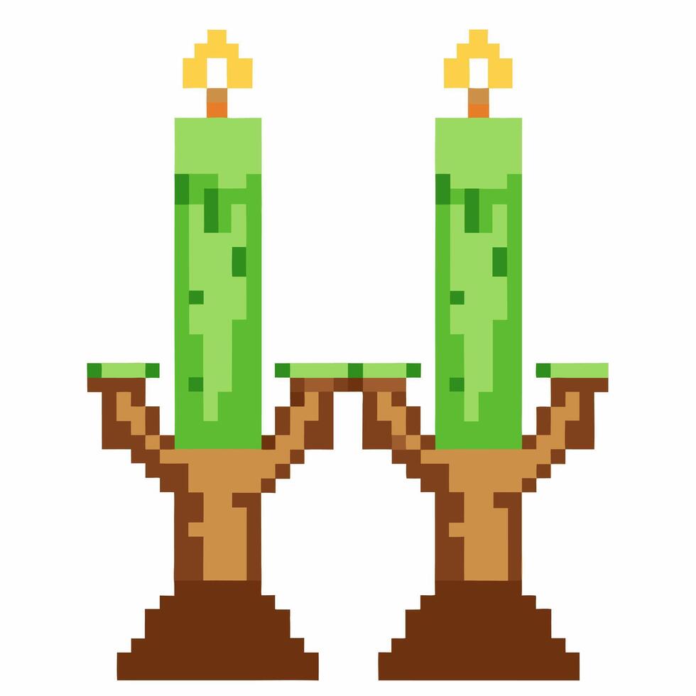 Pixel art green candle pair on wooden holders with flickering flames vector