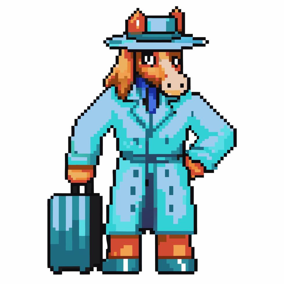 pixel art detective horse character in blue trench coat and hat, holding suitcase retro gaming style, unique equine design vector