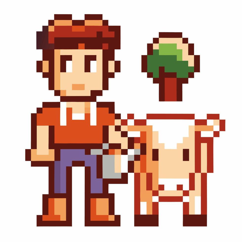 Pixel art farmer milking cow under apple tree in retro farming game setting vector