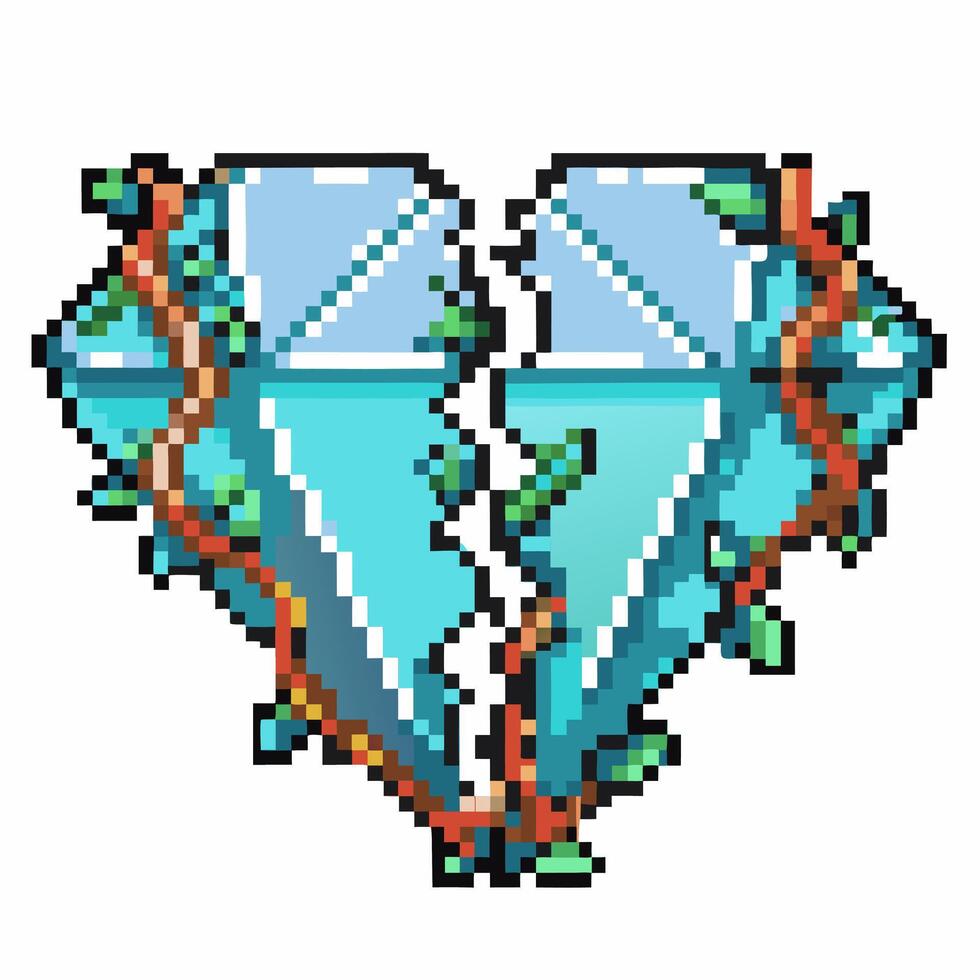 Pixelated broken diamond heart entwined with vines symbol of shattered love and healing vector
