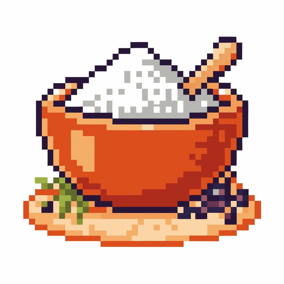 Pixel art illustration of a rustic wooden bowl with salt surrounded by herbs and peppercorns vector