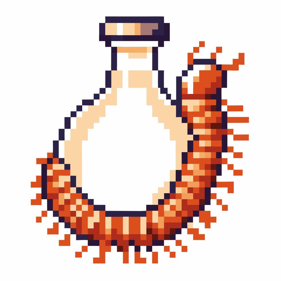 pixelated potion bottle with coiled brown snake, reminiscent of retro game art 8 bit fantasy element illustration vector