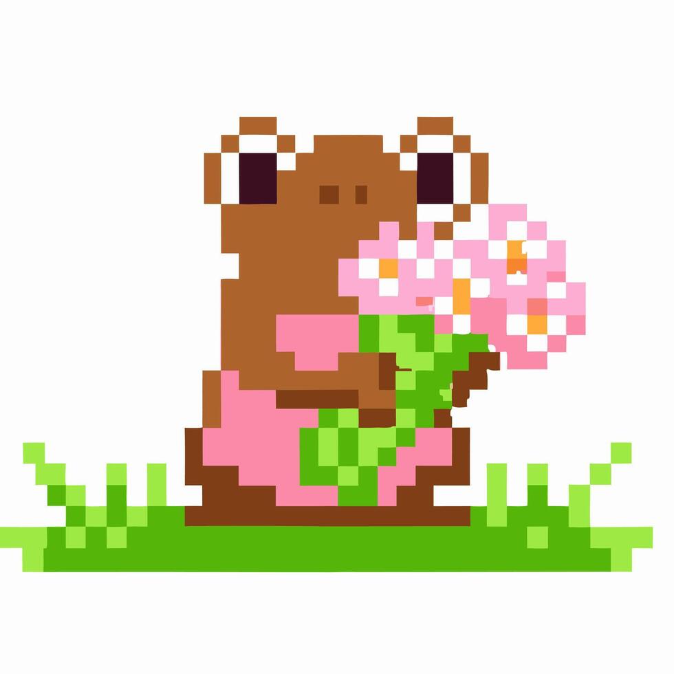 Pixel art bear holding pink flowers on grass cute retro digital illustration with green and brown tones vector