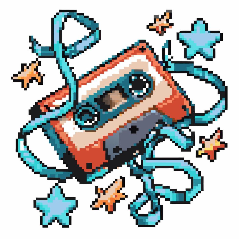 Retro cassette with tangled tape and pixel art stars for nostalgic 80s music design vector