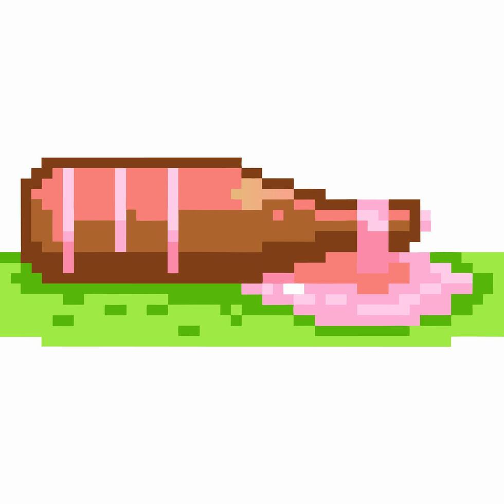 pixel art soda bottle spilling onto grass retro game style, pink drink, natural backdrop vector